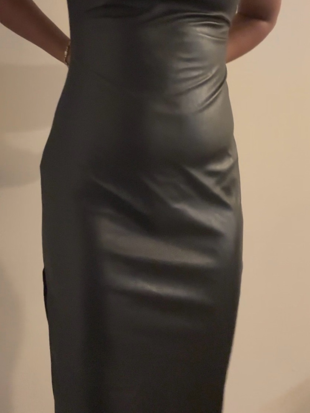 Sleek Black Faux Leather Midi Dress
